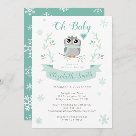 かわいい男女兼用フクロウ冬の夕日 招待状 (正面/裏面)