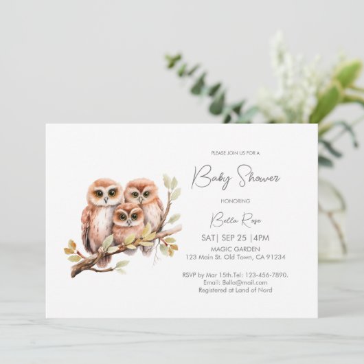 かわいい男女兼用フクロウ赤ちゃんシャワー 招待状 (スタンド正面)
