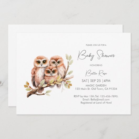 かわいい男女兼用フクロウ赤ちゃんシャワー 招待状 (正面/裏面)