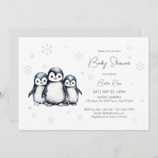 かわいい男女兼用ペンギン赤ちゃんシャワー 招待状 (正面/裏面)