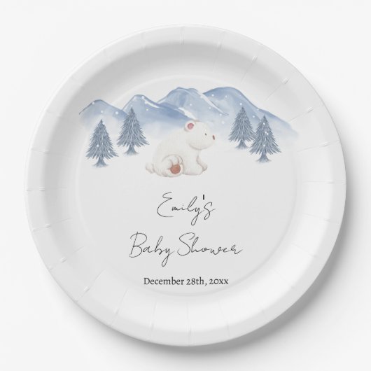 かわいい男女兼用冬のシロクマ赤ちゃんシャワー ペーパープレート (正面)