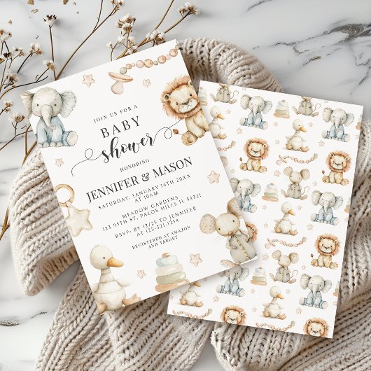 かわいい男女兼用子供部屋動物の赤ちゃんシャワー 招待状