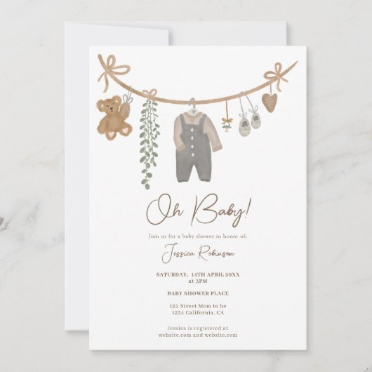 かわいい男女兼用服ラインbohoベビーブシャワー 招待状 (正面)