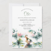 かわいい男女兼用水彩鴨の誕生日パーティー 招待状 (正面)