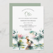 かわいい男女兼用水彩鴨の誕生日パーティー 招待状 (正面/裏面)