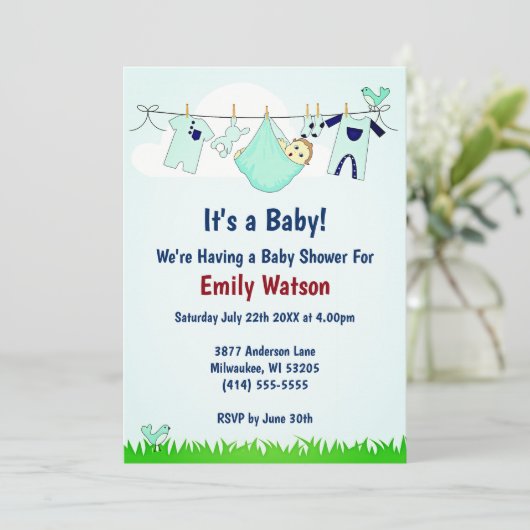 かわいい男女兼用物干しボホベイビーシャワー 招待状 (スタンド正面)