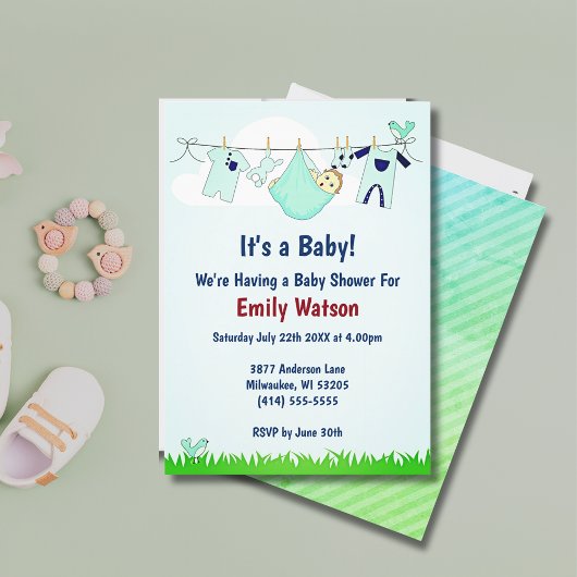 かわいい男女兼用物干しボホベイビーシャワー 招待状