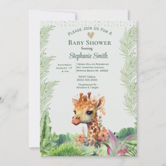 かわいい男女兼用緑のキリン赤ちゃんシャワー 招待状 (正面)