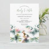 かわいい男女兼用赤ちゃんシャワー水色アヒル 招待状 (スタンド正面)