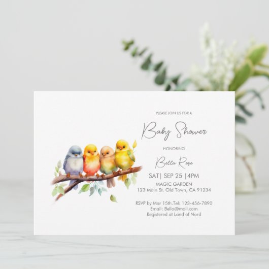 かわいい男女兼用鳥の赤ちゃんシャワー 招待状 (スタンド正面)