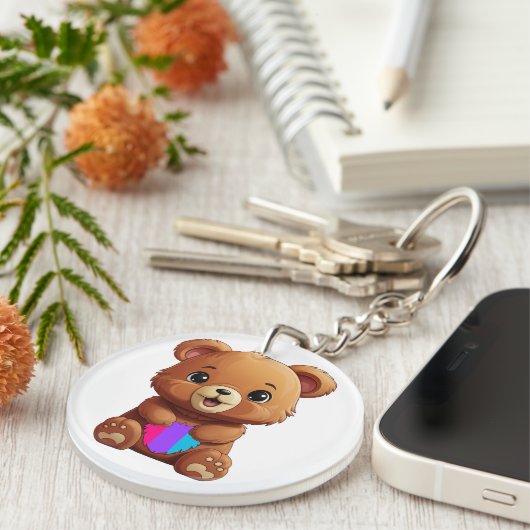 かわいい男性プライドフラッグベアホールドハート キーホルダー (正面右)