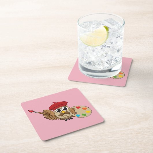 かわいい画家フクロウの漫画 スクエアペーパーコースター (インサイチュ)