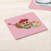 かわいい画家フクロウの漫画 スクエアペーパーコースター (アングル)