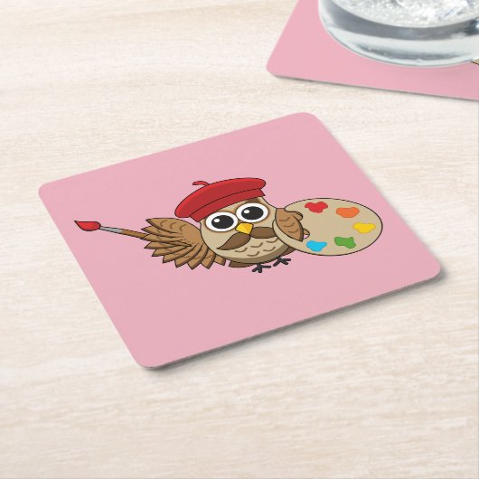 かわいい画家フクロウの漫画 スクエアペーパーコースター (アングル)
