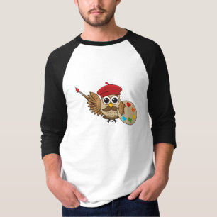かわいい画家フクロウの漫画 Tシャツ