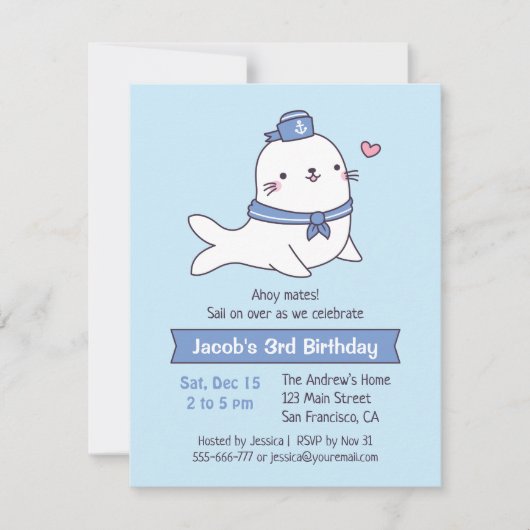 かわいい白いアザラシの水兵の子供の誕生日パーティー 招待状 (正面)