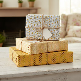 かわいい白いイエローデイジーフローラアートパターン ラッピングペーパーシート