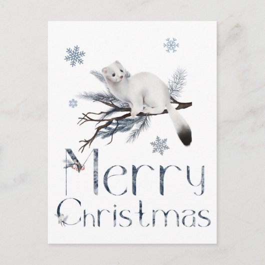 かわいい白いイタチが松の木にいる ポストカード (正面)