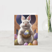 かわいい白いイースターバニー イースターの卵を運ぶ カード (正面)