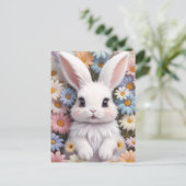 かわいい白いウサギパステル ダイシー フラワー ポストカード (スタンド正面)