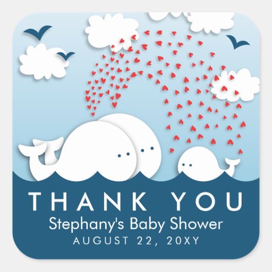 かわいい白いクジラのカップルベビーありがとうシール スクエアシール (正面)