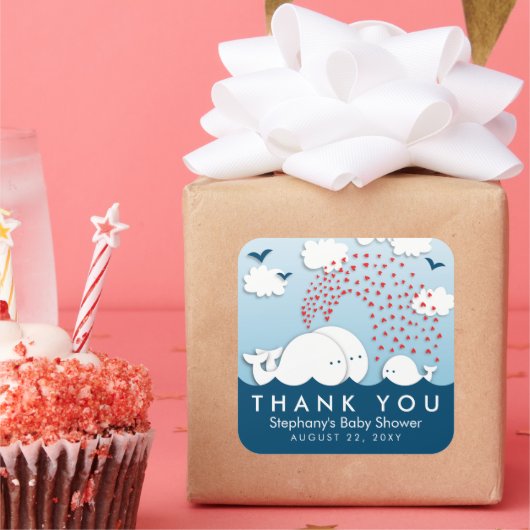 かわいい白いクジラのカップルベビーありがとうシール スクエアシール (パーティー)