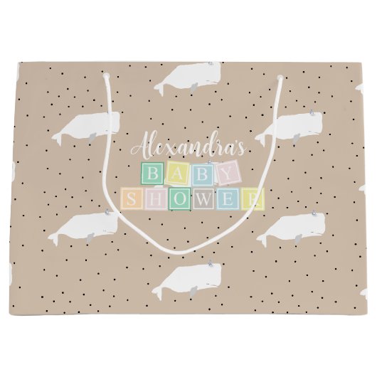 かわいい白いクジラ赤ちゃんシャワーニュートラルベージュ ラージペーパーバッグ (正面)