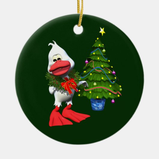 かわいい白いクリスマスアヒル(リース) セラミックオーナメント (正面)