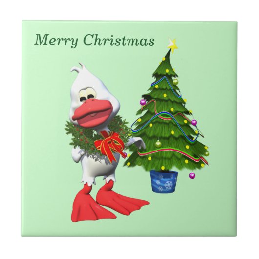 かわいい白いクリスマスアヒル(リース) タイル (正面)