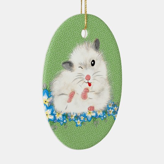かわいい白いシリアンハムスターのアクセサリー、グリーンポルカ セラミックオーナメント (右)
