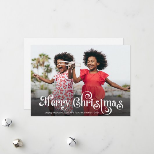 かわいい白いスクリプトの写真クリスマスカード シーズンカード (正面/裏面インサイチュ)