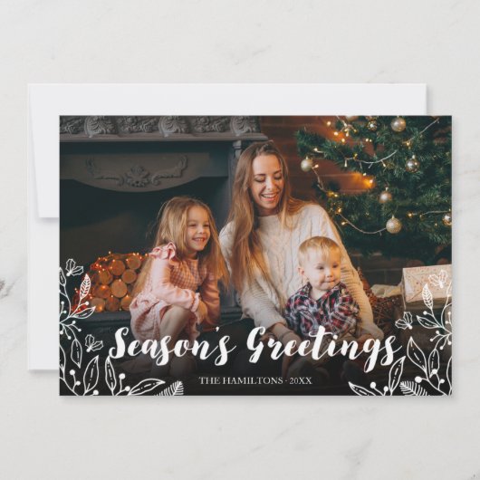 かわいい白いスクリプト冬の葉写真クリスマス 招待状 (正面)