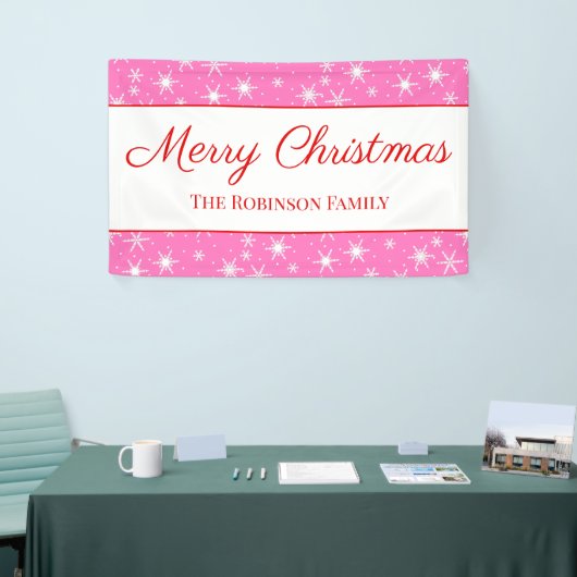 かわいい白いスノーフレークピンクのメリークリスマス 横断幕 (トレードショー)