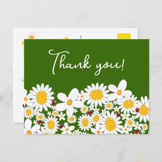 かわいい白いデイジーとてんとう虫の遊び心あふれるありがとう ポストカード (正面/裏面)