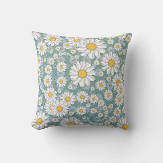 かわいい白いデイジーオンダスティティール(緑がかった色)ブルーグリーン クッション (正面)