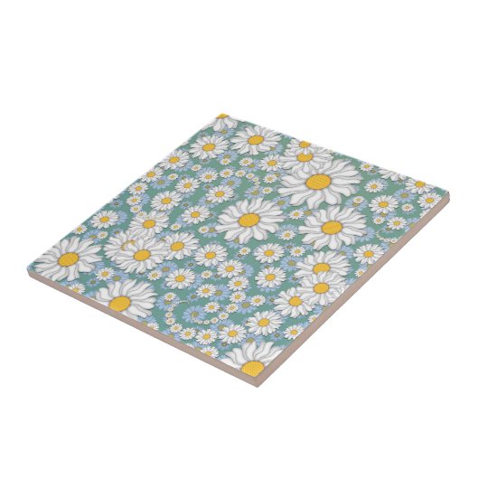 かわいい白いデイジーオンダスティティール(緑がかった色)ブルーグリーン タイル (側面)