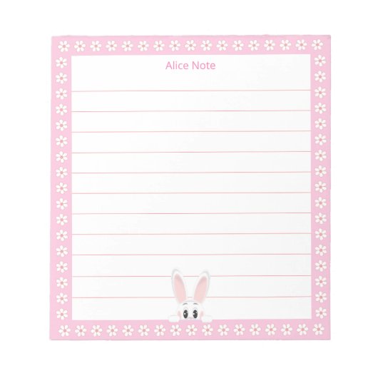 かわいい白いバニーと白い花が並ぶ ノートパッド (正面)
