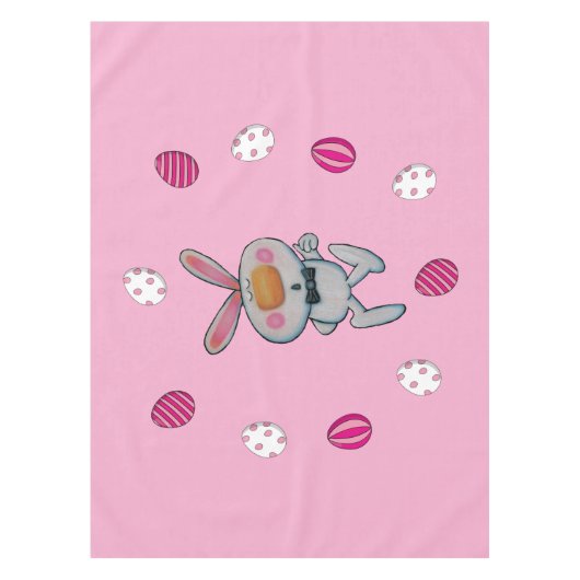 かわいい白いバニーの親指をピンクに染めたイースターエッグ テーブルクロス (正面)