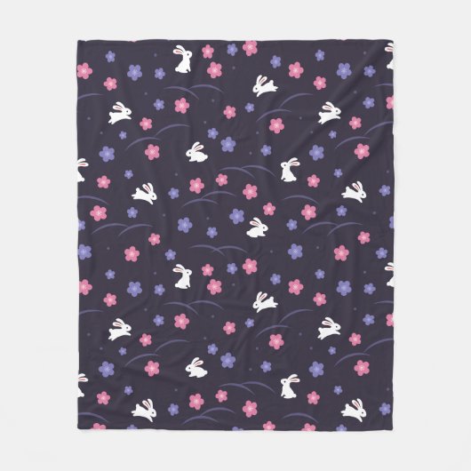 かわいい白いバニーウサギと花の模様 フリースブランケット (正面)