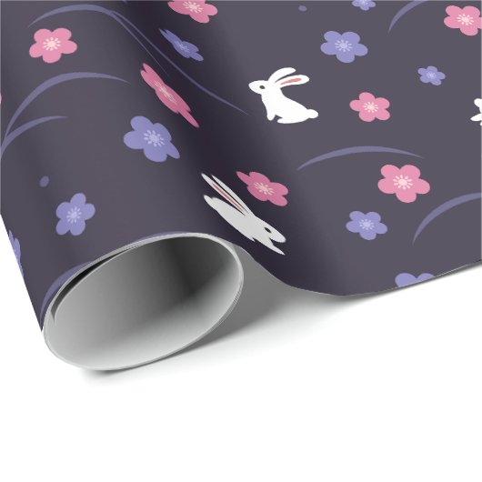 かわいい白いバニーウサギと花の模様 ラッピングペーパー (ロールコーナー)