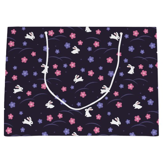 かわいい白いバニーウサギと花の模様 ラージペーパーバッグ (正面)