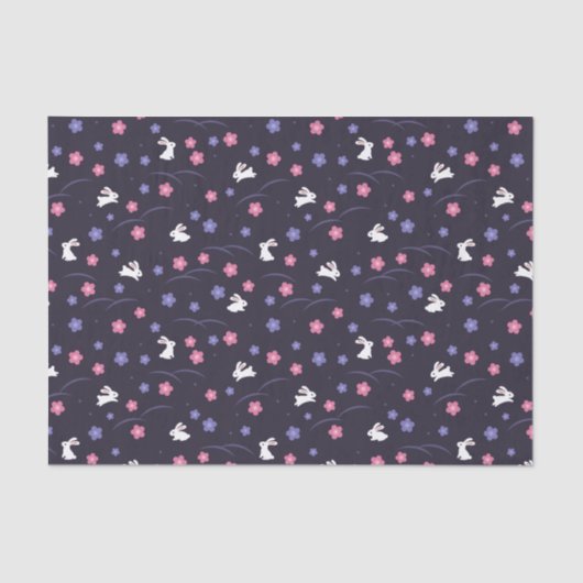 かわいい白いバニーウサギと花の模様 薄葉紙 (正面)