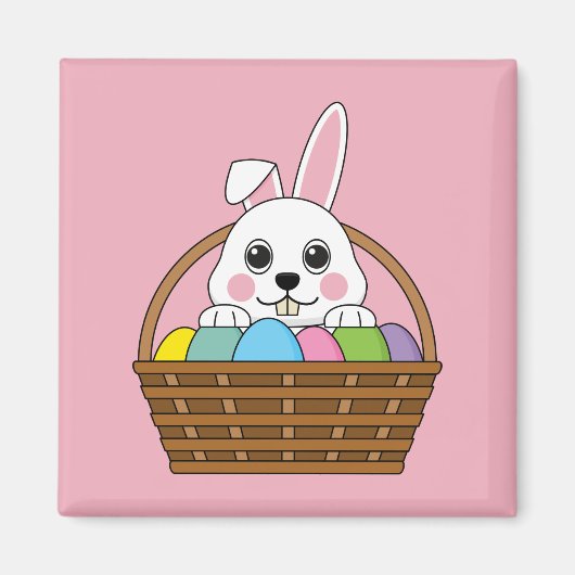 かわいい白いバニーカラフルイースターエッグ狩りバスケット マグネット (正面)