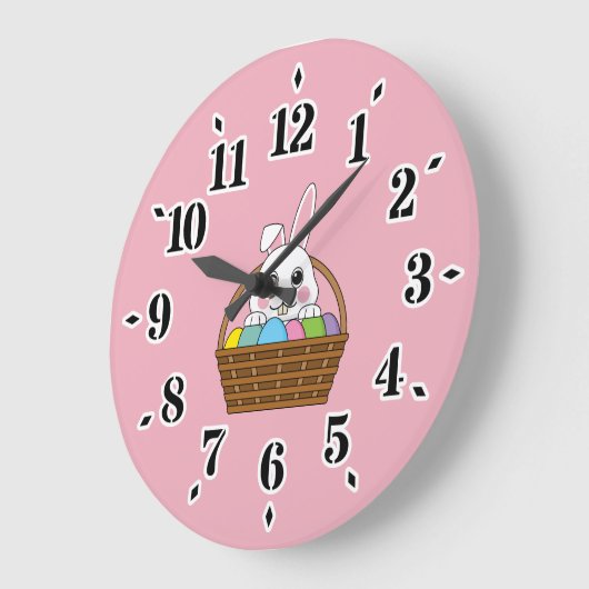 かわいい白いバニーカラフルイースターエッグ狩りバスケット ラージ壁時計 (傾斜)