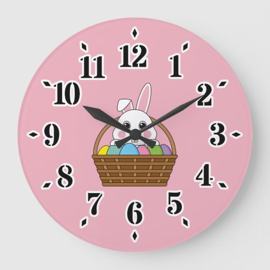 かわいい白いバニーカラフルイースターエッグ狩りバスケット ラージ壁時計 (正面)