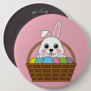かわいい白いバニーカラフルイースターエッグ狩りバスケット 缶バッジ