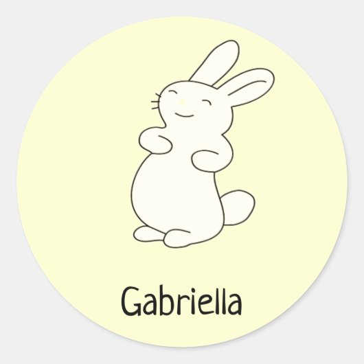 かわいい白いバニーパーソナライズされたの名前イエロー ラウンドシール (正面)