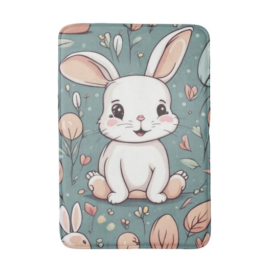 かわいい白いバニー模様 バスマット (正面縦)