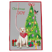 かわいい白いピットブル&クリスマスツリー ミディアムペーパーバッグ (正面)