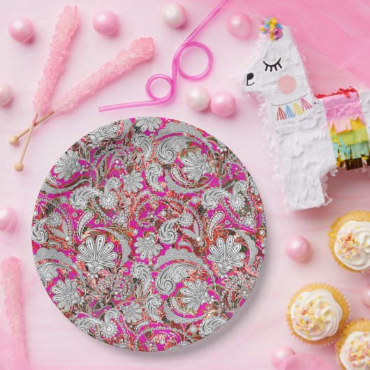 かわいい白いピンクのペイズリー ペーパープレート (パーティー)